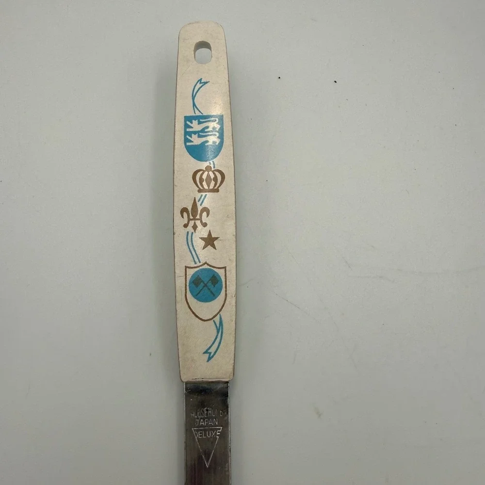 Vintage Household Japan Deluxe Spatula Heraldic Crest White Handle Stainless